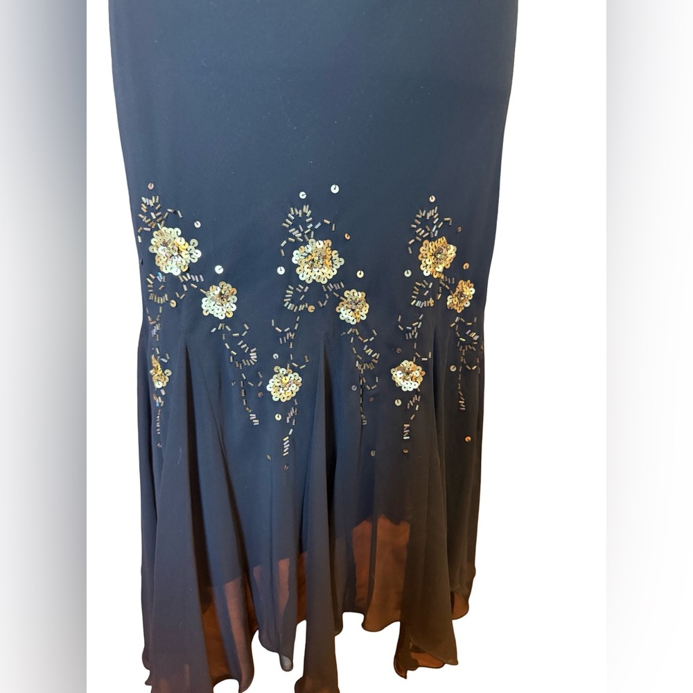 Y2K S.L. Fashions Black Midi Dress 12 Sheer Flutter Sleeve Beaded Hem Formal - Picture 3 of 9
